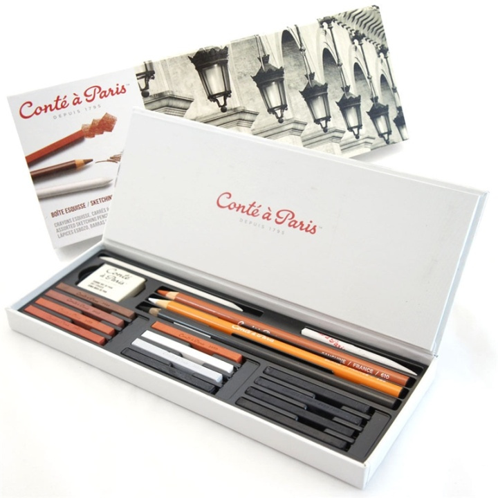 Conté à Paris Sketch Set med 12 fargestifter og 3 skisseblyanter i gruppen SPORT, FRITID & HOBBY / Hobby / Male & Tegne / Penner, Fargestifter & Blekk hos TP E-commerce Nordic AB (A01267)