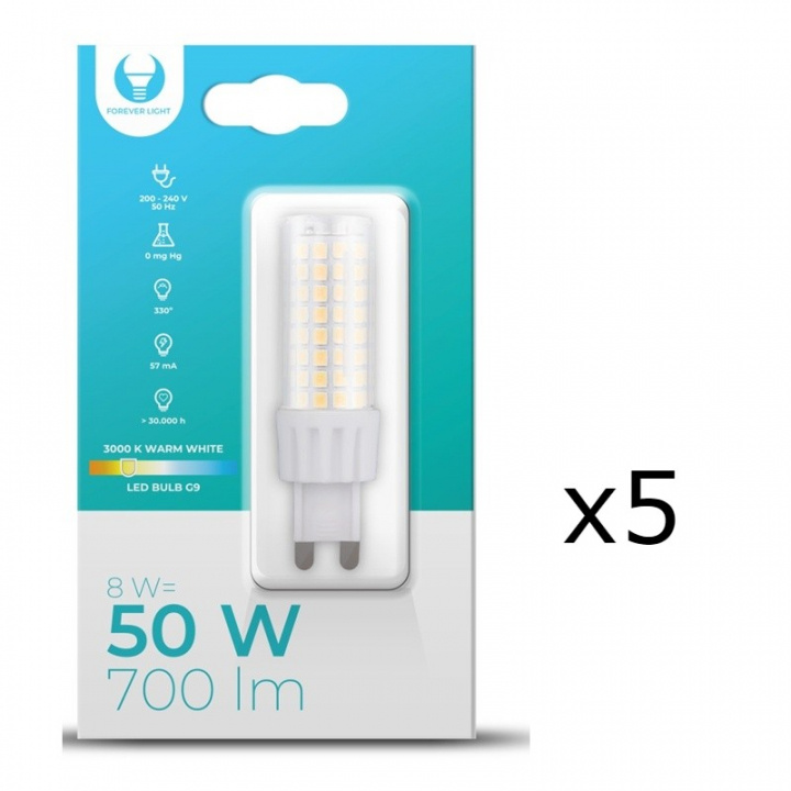 LED-lampe, G9, 8W, 230V, 3000K, 5-pakning, Varm hvit i gruppen Elektronikk / Lys / LED-lys hos TP E-commerce Nordic AB (A08708-PKT05)