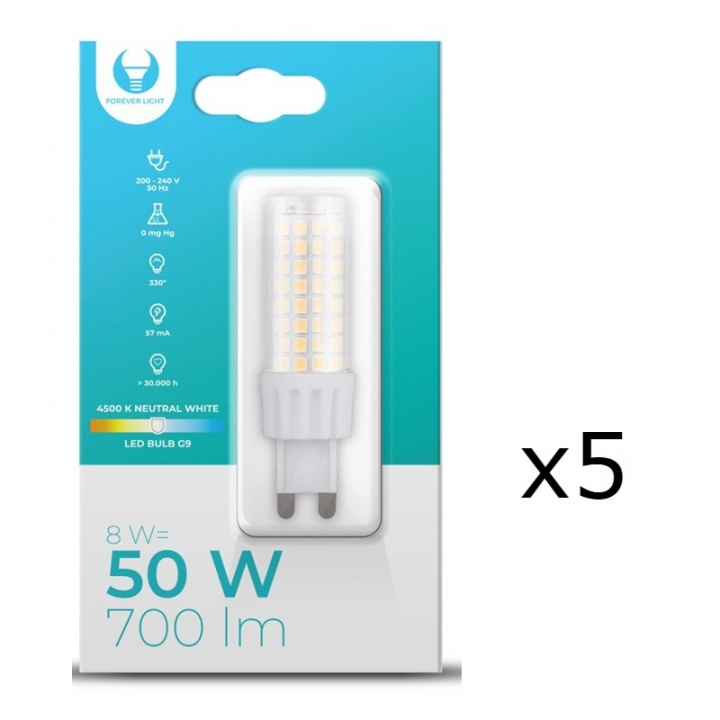 LED-lampe, G9, 8W, 230V, 4500K, 5-pk, Hvit nøytral i gruppen Elektronikk / Lys / LED-lys hos TP E-commerce Nordic AB (A08709-PKT05)