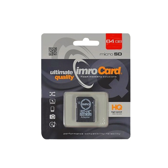 IMRO Minneskort, MicroSDXC, 64GB, class 10, UHS-I, + Adapter i gruppen Elektronikk / Lagringsmedia / Minnekort / MicroSD/HC/XC hos TP E-commerce Nordic AB (A08713)