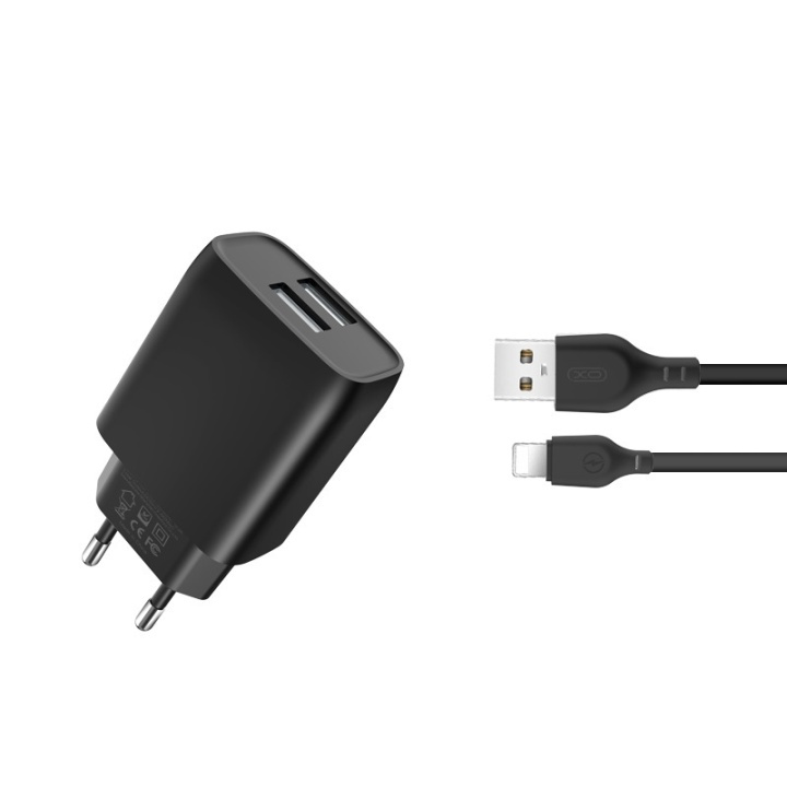 XO L57 Väggladdare (2,4A) 2xUSB, + Lightning-kabel, Svart i gruppen SMARTTELEFON & NETTBRETT / Ladere og Kabler / Vegglader / Vegglader USB hos TP E-commerce Nordic AB (A08769)