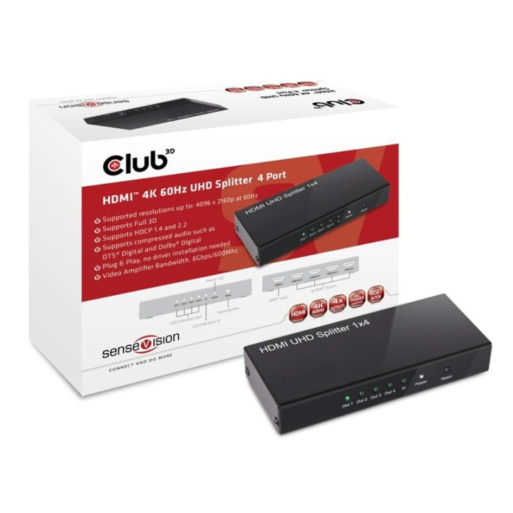 CLUB3D HDMI 2.0 UHD-splitter med 4 porter i gruppen Elektronikk / Kabler og adaptere / HDMI / Adaptere hos TP E-commerce Nordic AB (A13944)