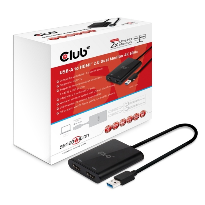 CLUB3D USB A to HDMIT 2.0 Dual Monitor 4K 60Hz i gruppen Elektronikk / Kabler og adaptere / HDMI / Adaptere hos TP E-commerce Nordic AB (A13948)