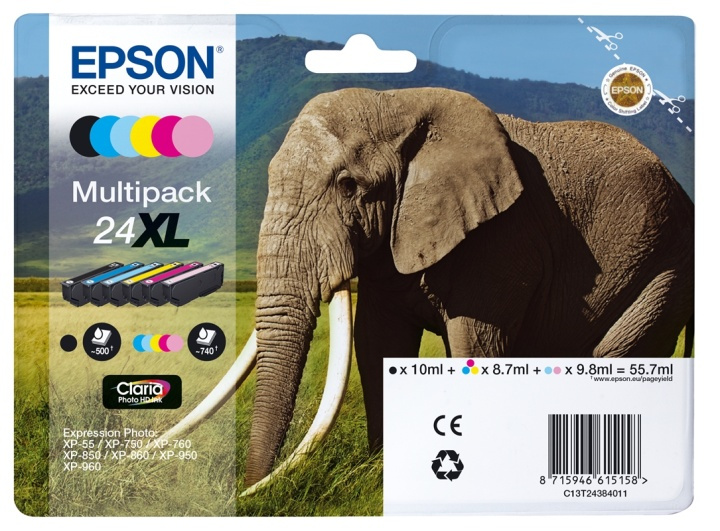 Epson Elephant Multipack 6-colours 24XL Claria Photo HD Ink i gruppen Datautstyr / Skrivere og tilbehør / Blekk og toner / Blekkpatroner / Epson hos TP E-commerce Nordic AB (A14074)