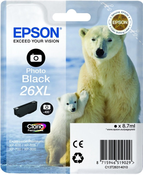 Epson Isbjørn Singlepack Photo Black 26XL Claria Premium Ink i gruppen Datautstyr / Skrivere og tilbehør / Blekk og toner / Blekkpatroner / Epson hos TP E-commerce Nordic AB (A14078)