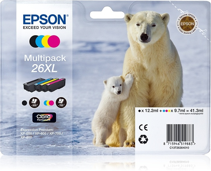 Epson Polar bear Flerpack 4 färger 26XL Claria Premium-bläck i gruppen Datautstyr / Skrivere og tilbehør / Blekk og toner / Blekkpatroner / Epson hos TP E-commerce Nordic AB (A14079)
