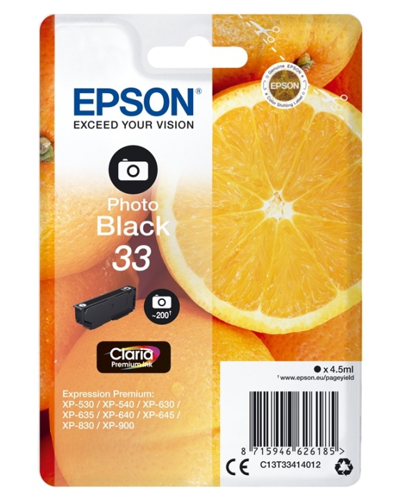 Epson Oranges Singlepack Photo Black 33 Claria Premium Ink i gruppen Datautstyr / Skrivere og tilbehør / Blekk og toner / Blekkpatroner / Epson hos TP E-commerce Nordic AB (A14094)