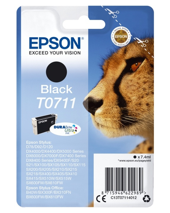 Epson Cheetah Enkeltpakke svart T0711 DURABrite Ultra-blekk i gruppen Datautstyr / Skrivere og tilbehør / Blekk og toner / Blekkpatroner / Epson hos TP E-commerce Nordic AB (A14131)