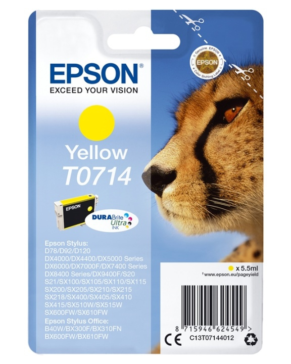 Epson Enkeltpakke gult T0714 DURABrite Ultra-blekk i gruppen Datautstyr / Skrivere og tilbehør / Blekk og toner / Blekkpatroner / Epson hos TP E-commerce Nordic AB (A14132)