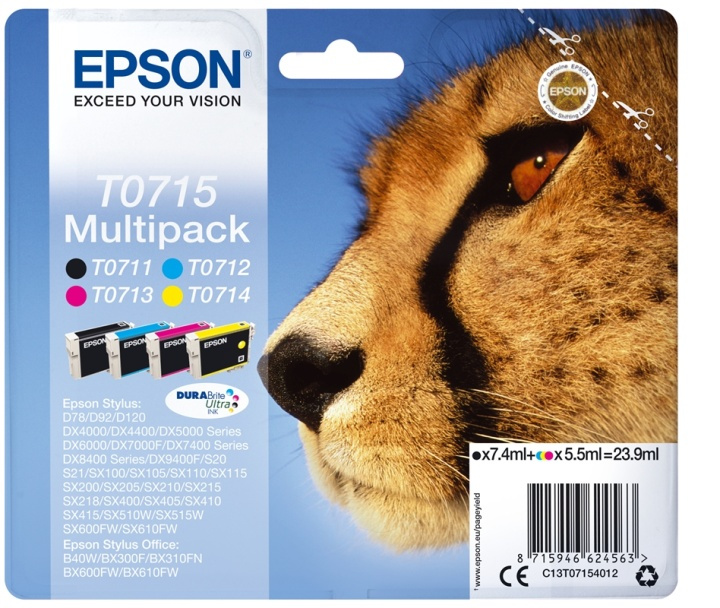 Epson Multipakke med 4 farger T0715 DURABrite Ultra-blekk i gruppen Datautstyr / Skrivere og tilbehør / Blekk og toner / Blekkpatroner / Epson hos TP E-commerce Nordic AB (A14133)