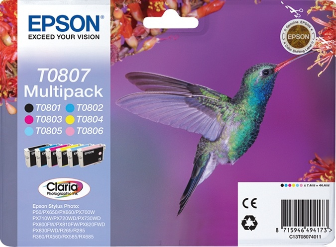 Epson Hummingbird Flerpack 6 färger T0807 Claria Photographic-bläck i gruppen Datautstyr / Skrivere og tilbehør / Blekk og toner / Blekkpatroner / Epson hos TP E-commerce Nordic AB (A14134)