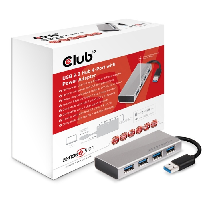 CLUB3D USB 3.0-hub med 4 porter og strømadapter i gruppen Datautstyr / Bærbare datamaskiner og tilbehør / Dokkingstasjoner hos TP E-commerce Nordic AB (A14579)