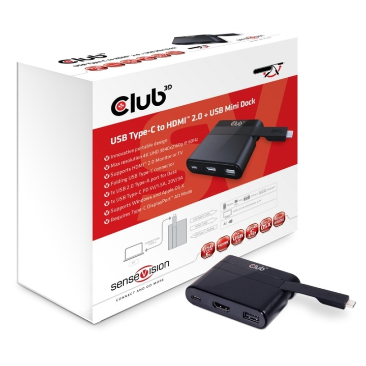 CLUB3D USB Type-C til HDMIT 2.0 + USB 2.0 + USB Type-C minidokk for lading i gruppen Elektronikk / Kabler og adaptere / HDMI / Adaptere hos TP E-commerce Nordic AB (A14580)