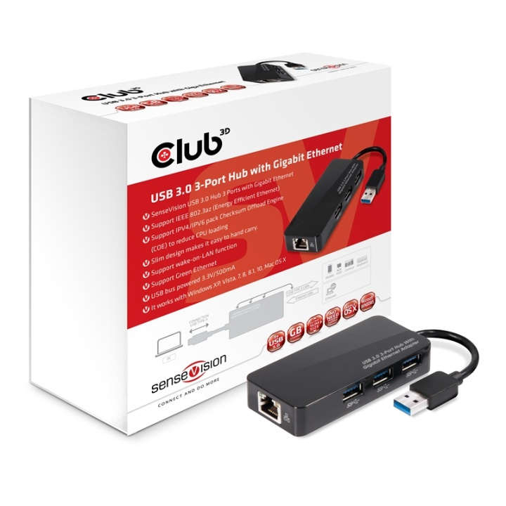 CLUB3D USB 3.0-hub med 3 porter og Gigabit Ethernet i gruppen Datautstyr / Datamaskin Tilbehør / USB-Hubs hos TP E-commerce Nordic AB (A14581)