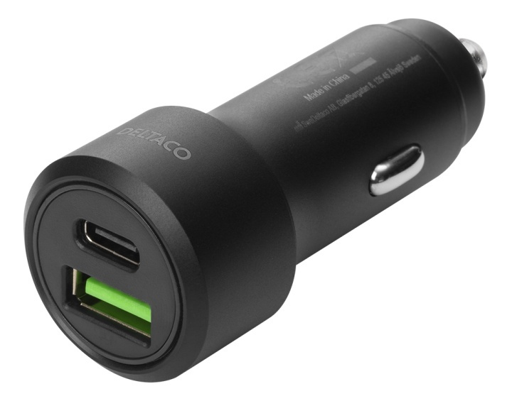 DELTACO USB car charger, 1x USB-C, PD 20 W, 1x USB-A, 18 W, 38W, metal i gruppen SMARTTELEFON & NETTBRETT / Ladere og Kabler / Billader / Billader USB hos TP E-commerce Nordic AB (A16662)