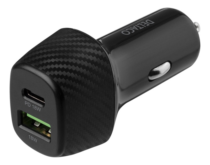 DELTACO USB-billader, 1x USB-C, PD 18 W, 1x USB-A, 18 W, totalt 36 W i gruppen SMARTTELEFON & NETTBRETT / Ladere og Kabler / Billader / Billader USB hos TP E-commerce Nordic AB (A16663)