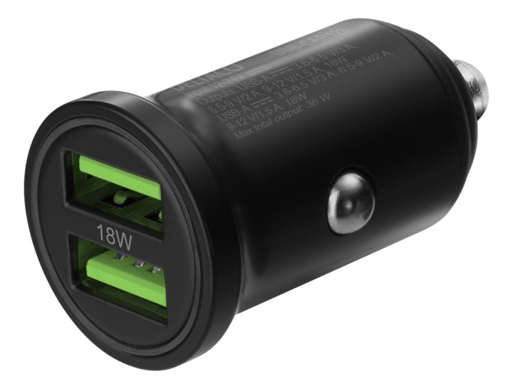 DELTACO USB car charger, 2x USB-A 18 W, fast charging, 36 W total i gruppen SMARTTELEFON & NETTBRETT / Ladere og Kabler / Billader / Billader USB hos TP E-commerce Nordic AB (A16664)