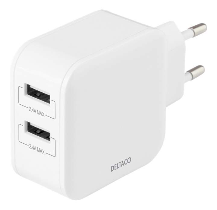 DELTACO Wall charger with dual USB-A ports, 4.8 A, 24 W, white i gruppen SMARTTELEFON & NETTBRETT / Ladere og Kabler / Vegglader / Vegglader USB hos TP E-commerce Nordic AB (A16717)