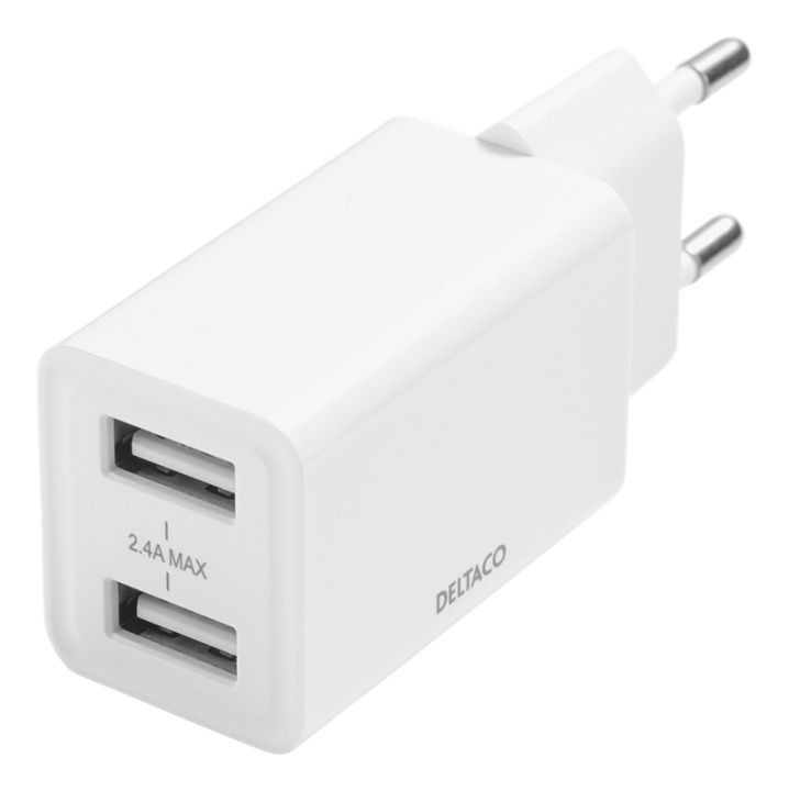 DELTACO USB wall charger, 2x USB-A, 2,4 A, total 12 W, white i gruppen SMARTTELEFON & NETTBRETT / Ladere og Kabler / Vegglader / Vegglader USB hos TP E-commerce Nordic AB (A17219)