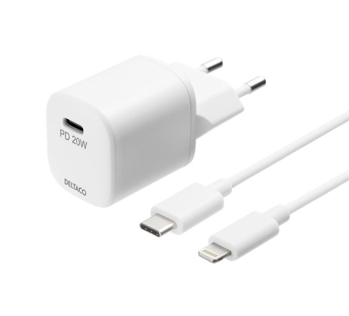 DELTACO USB wall charger, USB-C, PD 20 W, including 1 m C to Lightning i gruppen SMARTTELEFON & NETTBRETT / Ladere og Kabler / Vegglader / Vegglader USB hos TP E-commerce Nordic AB (A17220)