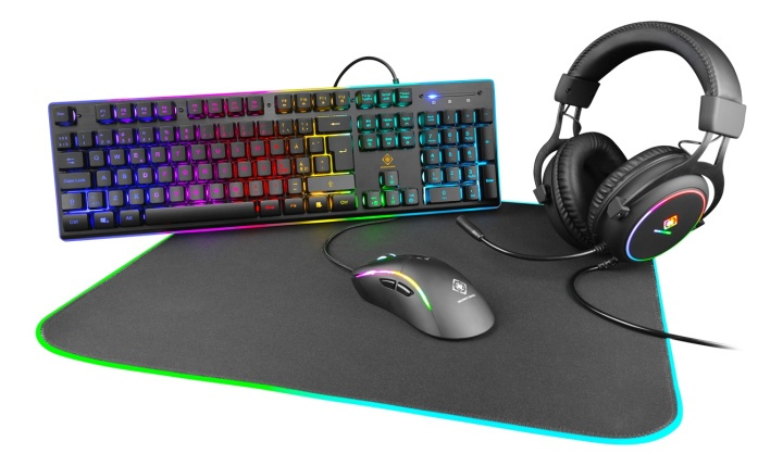 DELTACO GAMING 4in1 RGB-kit med tastatur, mus, hodetelefoner, musematte i gruppen Datautstyr / Mus & Tastatur / Tastatur / Pakke hos TP E-commerce Nordic AB (A17314D)