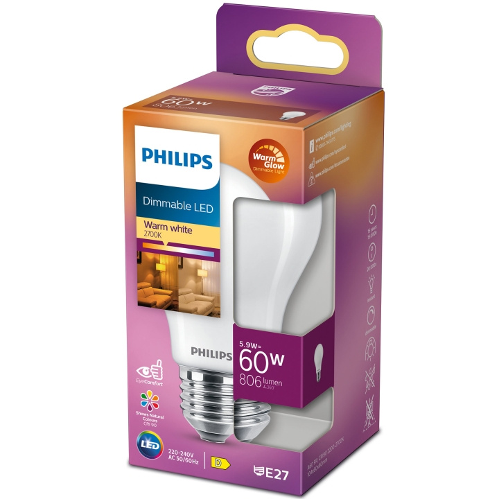 Philips LED E27 Normal 60W Frostet Dimbar VarmGl 806lm i gruppen Elektronikk / Lys / LED-lys hos TP E-commerce Nordic AB (A19303)
