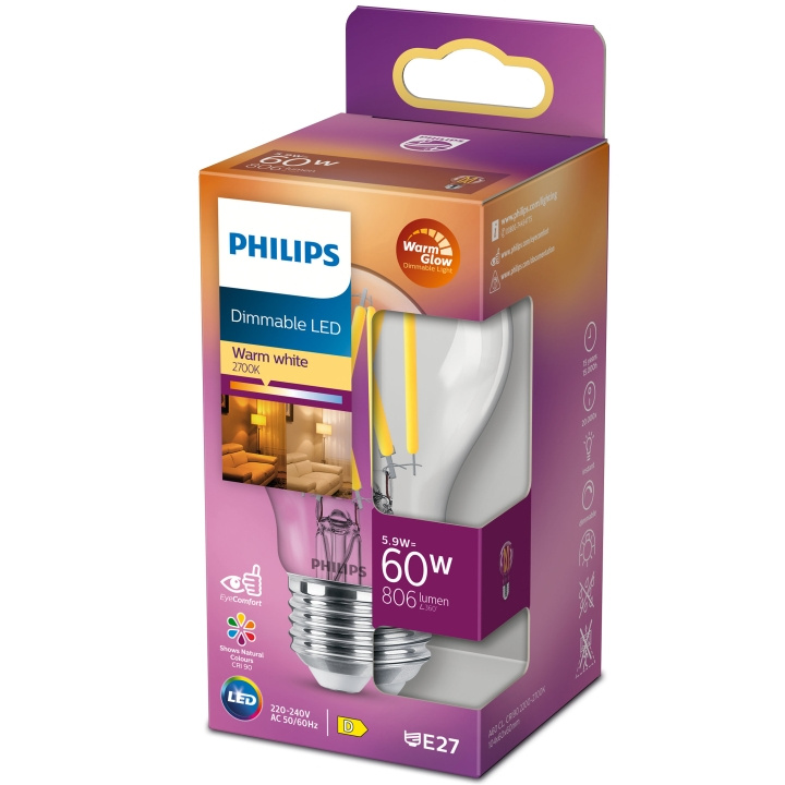 Philips LED E27 Normal 60W Klar Dimbar WarmGlow 806lm i gruppen Elektronikk / Lys / LED-lys hos TP E-commerce Nordic AB (A19305)