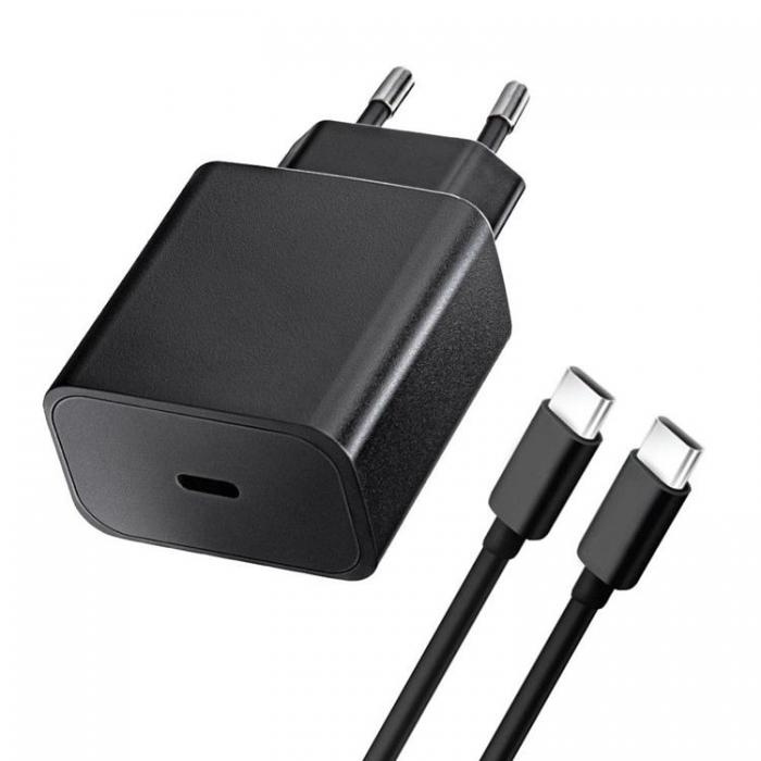 Snabbladdare 25W USB-C med USB C-C kabel 1 meter, Svart i gruppen SMARTTELEFON & NETTBRETT / Ladere og Kabler / Vegglader / Vegglader Type C hos TP E-commerce Nordic AB (A21138)