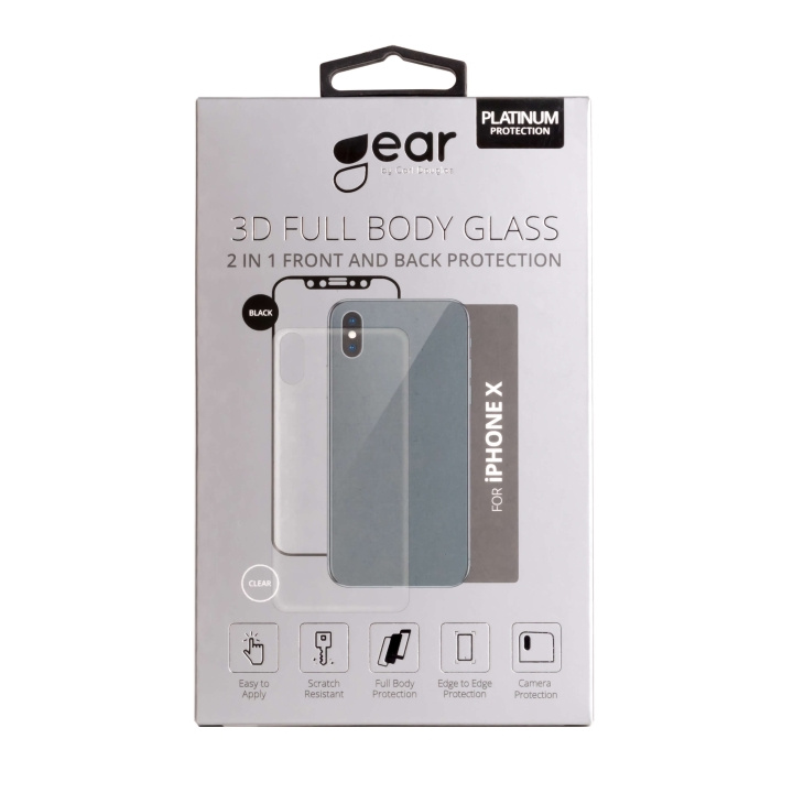 Gear Härdat Glas 3D 2in1 Front & Back iPhone X Edge to Edge Svart med Klar baksida i gruppen SMARTTELEFON & NETTBRETT / Mobilbeskyttelse / Apple / iPhone X/XS / Skjermbeskyttelse hos TP E-commerce Nordic AB (C04217)