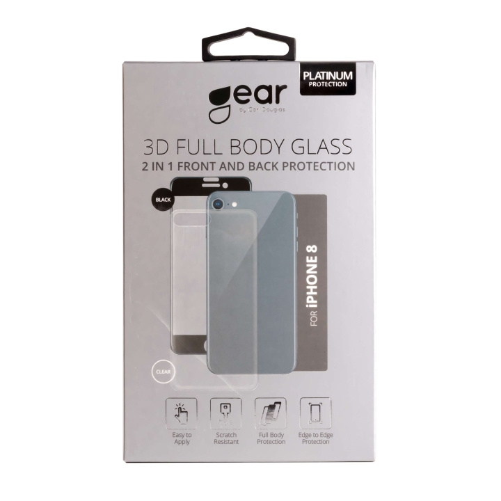 GEAR Herdet Glass 3D 2in1 Front & Back iPhone8 Edge to Edge Svart med Klar bakside i gruppen SMARTTELEFON & NETTBRETT / Mobilbeskyttelse / Apple / iPhone 8 / Skjermbeskyttelse hos TP E-commerce Nordic AB (C04218)