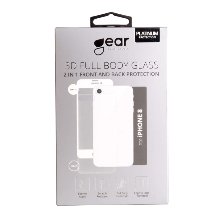 Gear Härdat Glas 3D 2in1 Front & Back iPhone 8 Edge to Edge Vit med Klar baksida i gruppen SMARTTELEFON & NETTBRETT / Mobilbeskyttelse / Apple / iPhone 8 / Skjermbeskyttelse hos TP E-commerce Nordic AB (C04219)