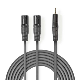 Nedis Balansert lydkabel | 2x XLR 3-Pin Han | 3.5 mm Han | Nikkel belagt | 1.50 m | Rund | PVC | Mørk Grå | Pappetui