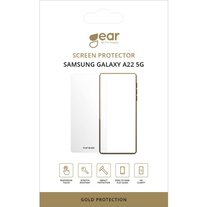 GEAR Glass Prot. Flat Case Friendly 2.5D GOLD Samsung A22 5G i gruppen SMARTTELEFON & NETTBRETT / Mobilbeskyttelse / Samsung hos TP E-commerce Nordic AB (C12450)