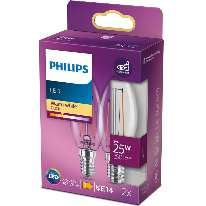 Philips 2-pakning LED E14 Crown 2W (25W) Clear 250lm i gruppen Elektronikk / Lys / LED-lys hos TP E-commerce Nordic AB (C13202)