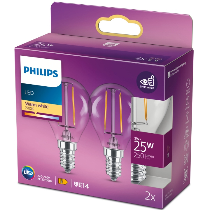 Philips 2-pakning LED E14 Sphere 2W (25W) Klar 250lm i gruppen Elektronikk / Lys / LED-lys hos TP E-commerce Nordic AB (C13203)