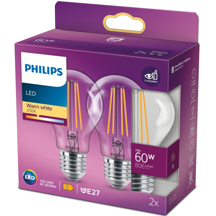 Philips 2-pakning LED E27 Normal 7W (60W) Klar 806lm i gruppen Elektronikk / Lys / LED-lys hos TP E-commerce Nordic AB (C13204)