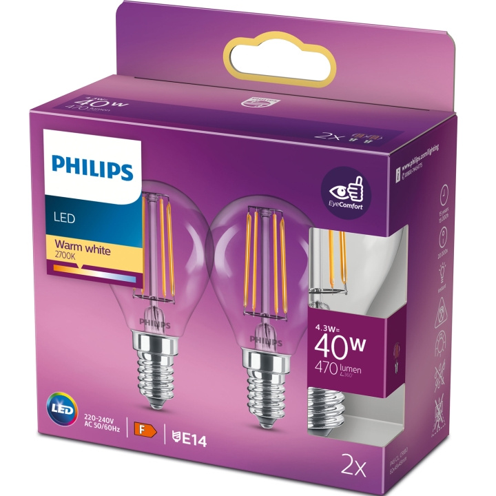 Philips 2-pack LED E14 Klot 4,3W (40W) Klar 250lm i gruppen Elektronikk / Lys / LED-lys hos TP E-commerce Nordic AB (C13207)