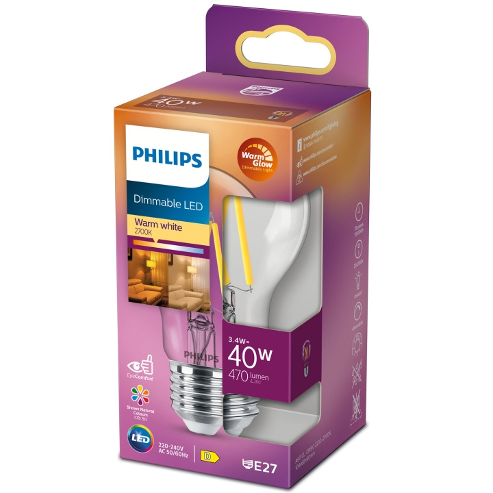 Philips LED E27 Normal 3,4W (40W) Klar Dim WarmGl 470 i gruppen Elektronikk / Lys / LED-lys hos TP E-commerce Nordic AB (C13208)