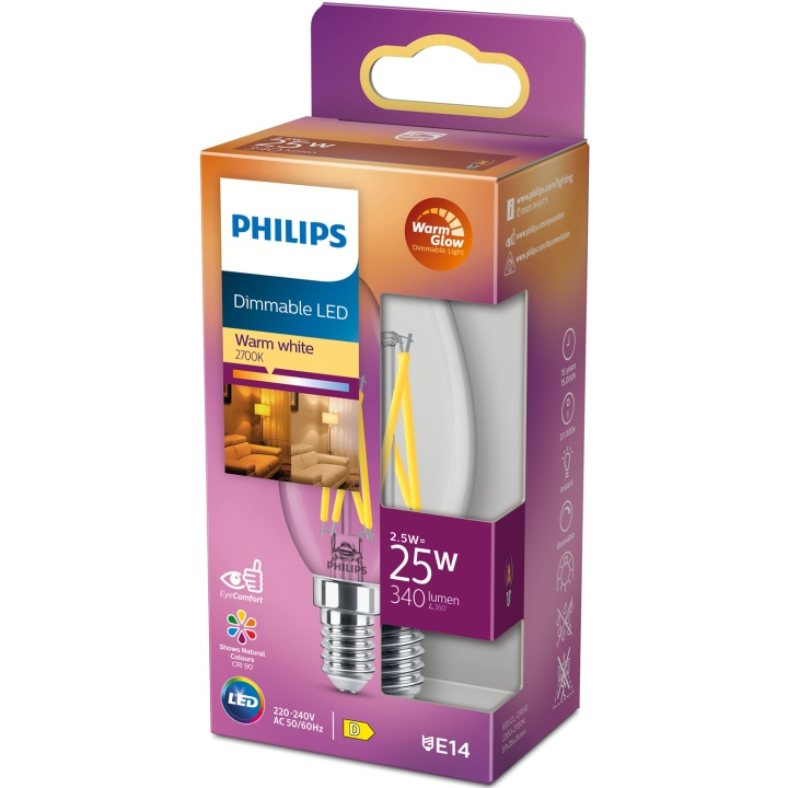 Philips LED E14 Kron 2,5W (25W) Klar Dim WarmGlow 340 i gruppen Elektronikk / Lys / LED-lys hos TP E-commerce Nordic AB (C13209)