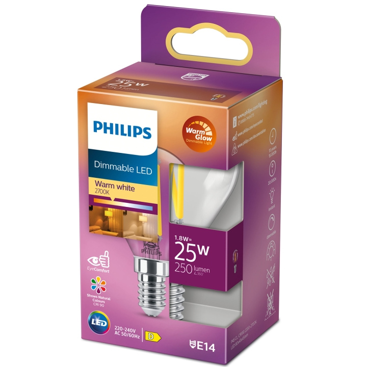 Philips LED E14 Klot 1,8W (25W) Klar Dim WarmGlow 250 i gruppen Elektronikk / Lys / LED-lys hos TP E-commerce Nordic AB (C13210)