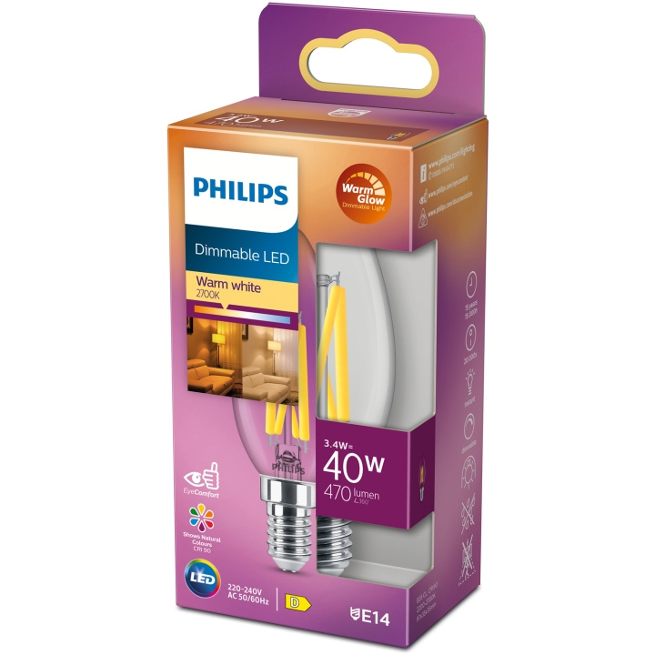 Philips LED E14 Crown 3,4W (40W) Clear Dim WarmGlow 470 i gruppen Elektronikk / Lys / LED-lys hos TP E-commerce Nordic AB (C13211)
