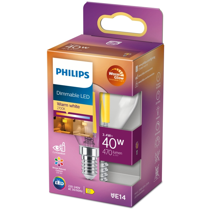 Philips LED E14 Sphere 3.4W (40W) Clear Dim WarmGlow 470 i gruppen Elektronikk / Lys / LED-lys hos TP E-commerce Nordic AB (C13213)