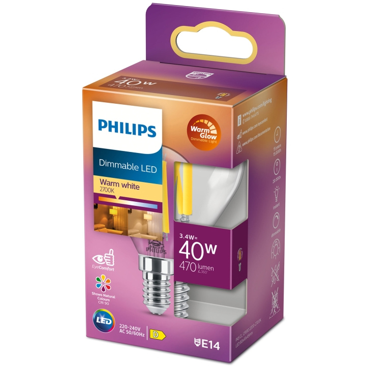 Philips LED E14 Klot 3,4W (40W) Klar Dim WarmGlow 470 i gruppen Elektronikk / Lys / LED-lys hos TP E-commerce Nordic AB (C13213)