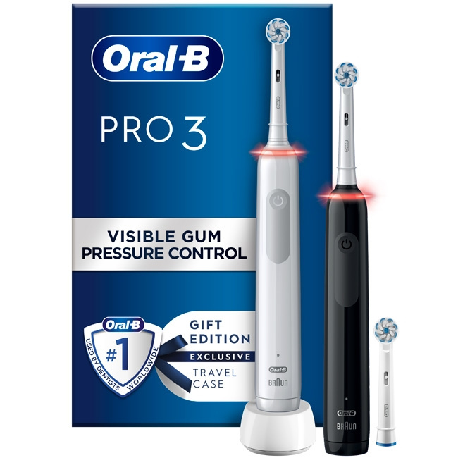 Oral-B Pro3 3900N Sensi UltraThin Duo, White + Black unit i gruppen HELSE OG SKJØNNHET / Munnpleie / Elektriske tannbørster hos TP E-commerce Nordic AB (C14160)