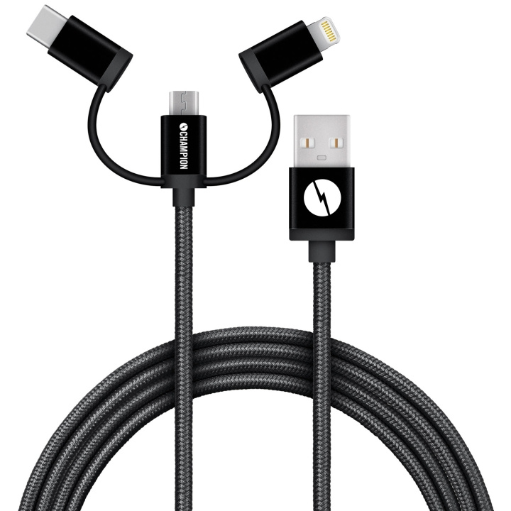 Champion USB-A til Lightning, USB-C og Micro-USB 1,5 m svart i gruppen SMARTTELEFON & NETTBRETT / Ladere og Kabler / Kabler / Kabler type C hos TP E-commerce Nordic AB (C15247)
