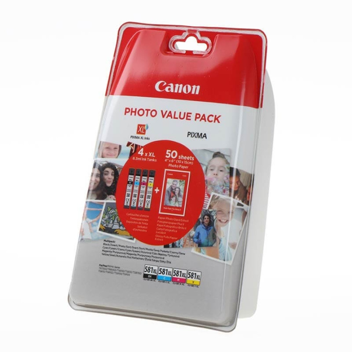 Canon Blekk Multipack + Papir 2052C004 CLI-581XL Svart/Cyan/Magenta/Gul i gruppen Datautstyr / Skrivere og tilbehør / Blekk og toner / Blekkpatroner / Canon hos TP E-commerce Nordic AB (C16001)