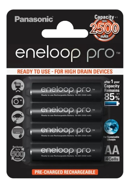 Eneloop Pro Batterier 4xAA 2500mAh BK-3HCDE/4BE i gruppen Elektronikk / Batterier & Ladere / Oppladbare batterier / AA hos TP E-commerce Nordic AB (C16319)