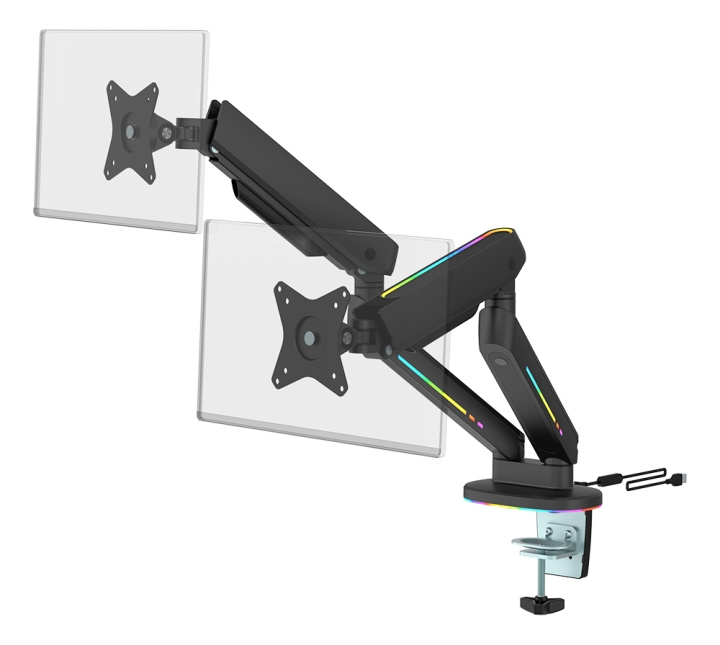DELTACO GAMING Premium dobbel monitorarm med RGB-belysning inkl. kontroll, svart i gruppen Datautstyr / Dataskjerm / Skjermarmer og fester hos TP E-commerce Nordic AB (C16423)