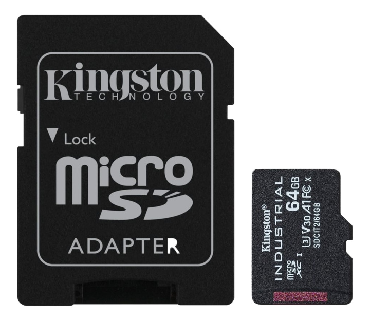 Kingston 64 GB microSDXC Industrial C10 A1 pSLC-kort + SD-adapter i gruppen Elektronikk / Lagringsmedia / Minnekort / MicroSD/HC/XC hos TP E-commerce Nordic AB (C16839)