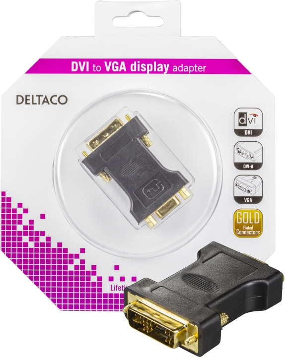 DELTACO DVI-adapter, analog DVI - analog VGA, ha - ho, guldpläterad i gruppen Datautstyr / Kabler og adaptere / DVI / Adaptere hos TP E-commerce Nordic AB (C17863)